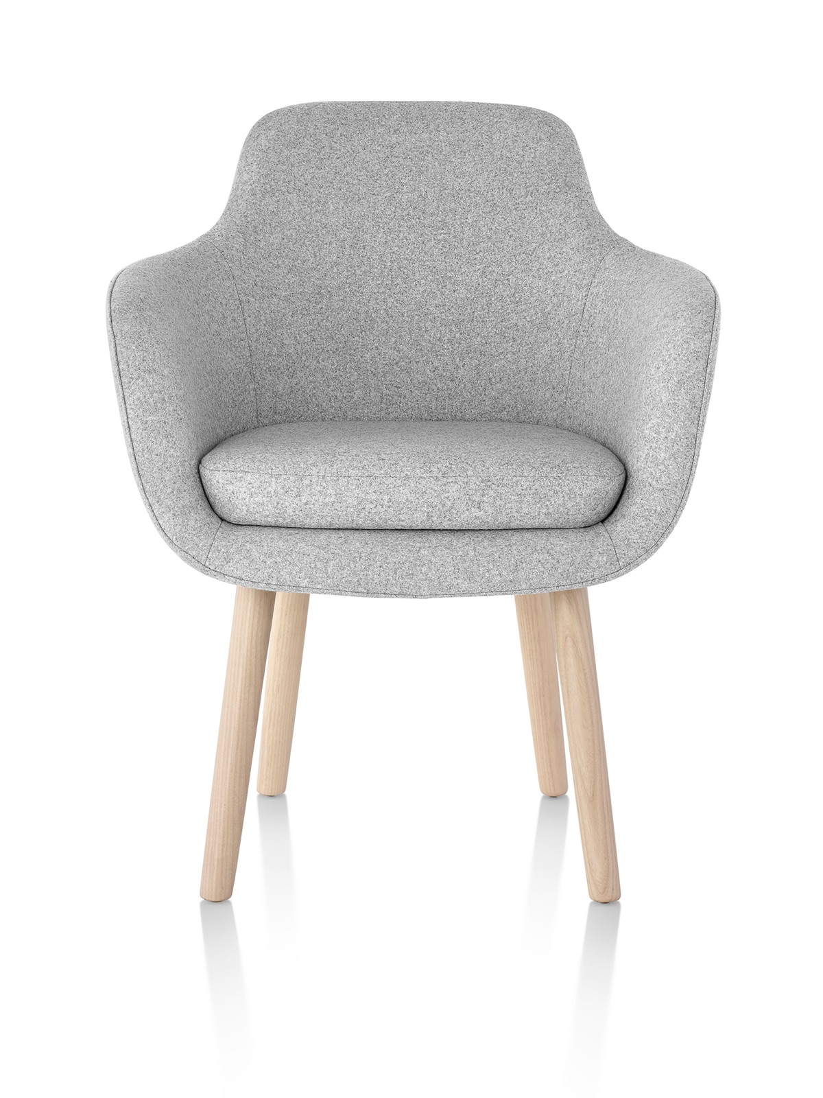 A light gray Saiba Side Chair, featuring an upholstered bucket seat and wood legs, viewed from the front.