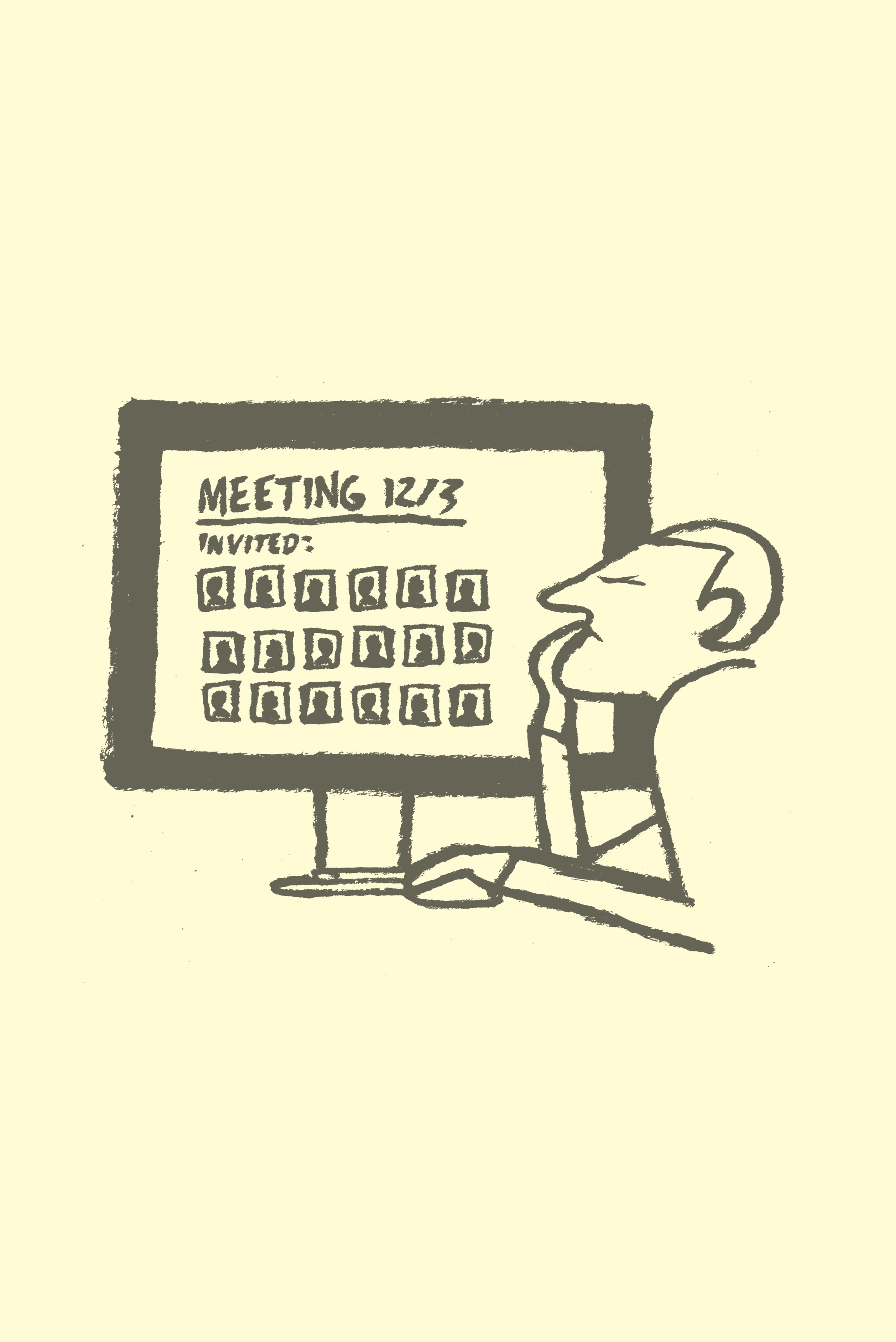 A cartoon of a disgruntled man reviewing a meeting invitation on his monitor.