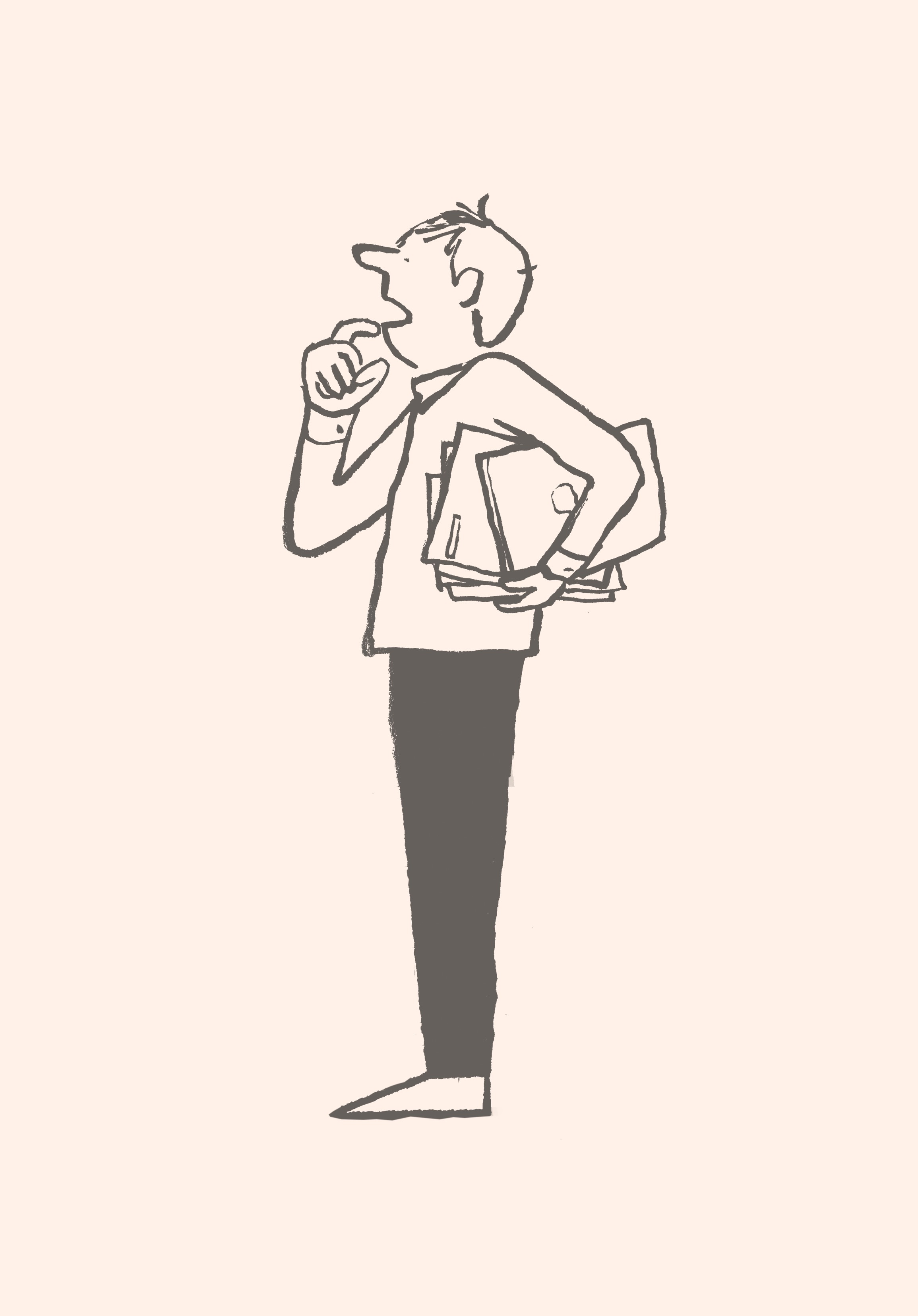A cartoon of a man holding meeting materials and looking perplexed.