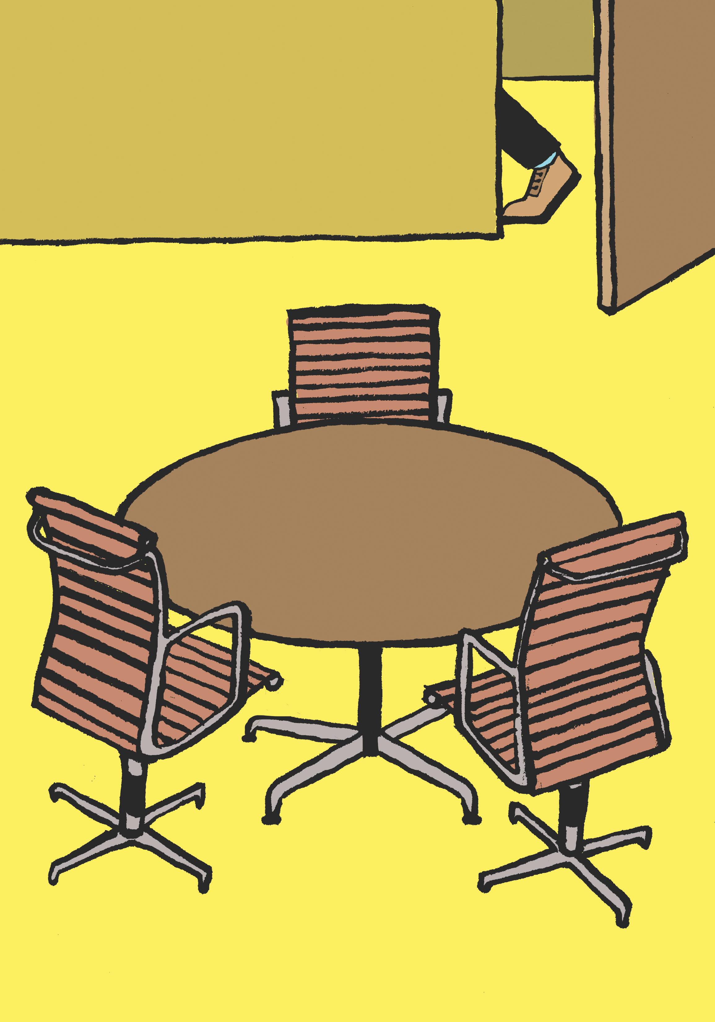 A cartoon of three chairs situated around a round table in an otherwise empty meeting space.